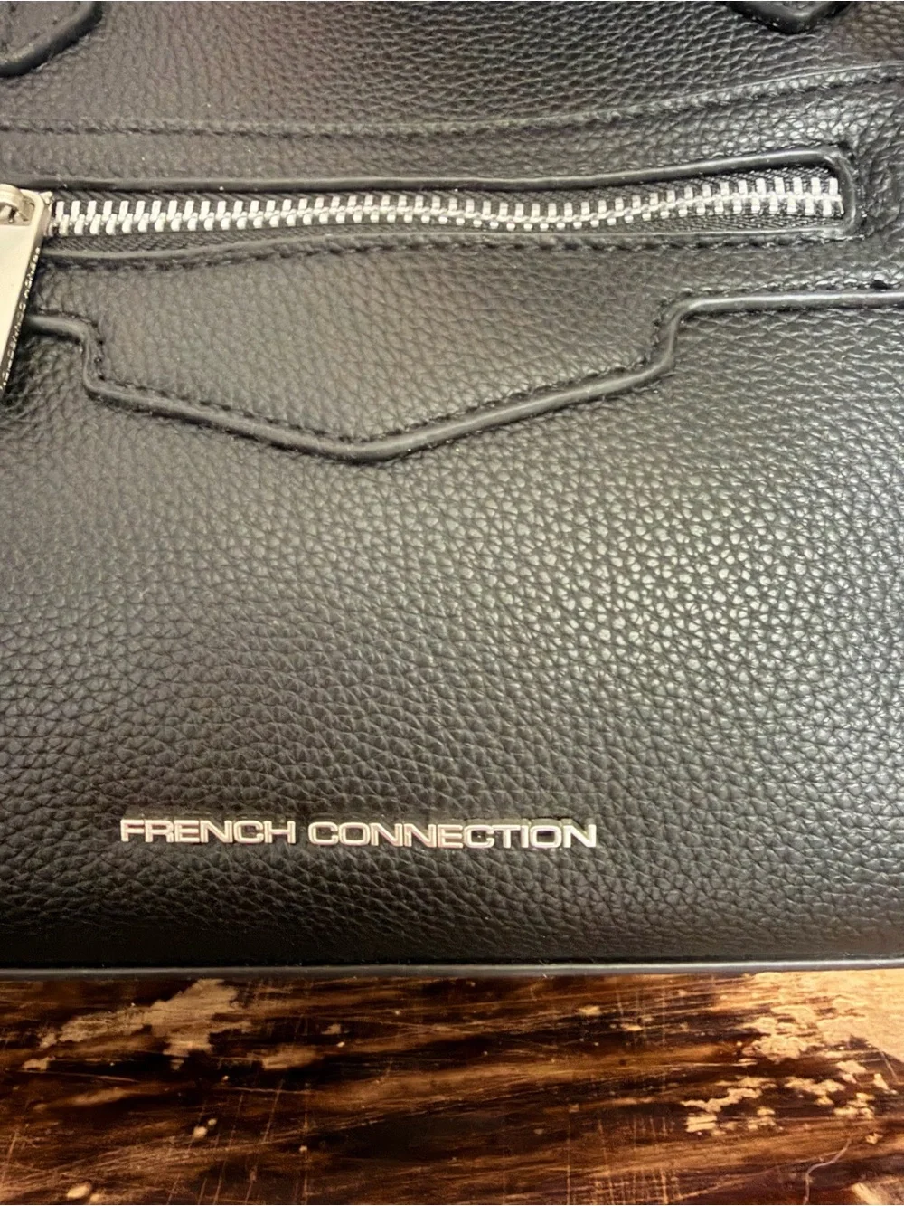 French Connection Black Pebbled Leather Satchel with Front Zip
